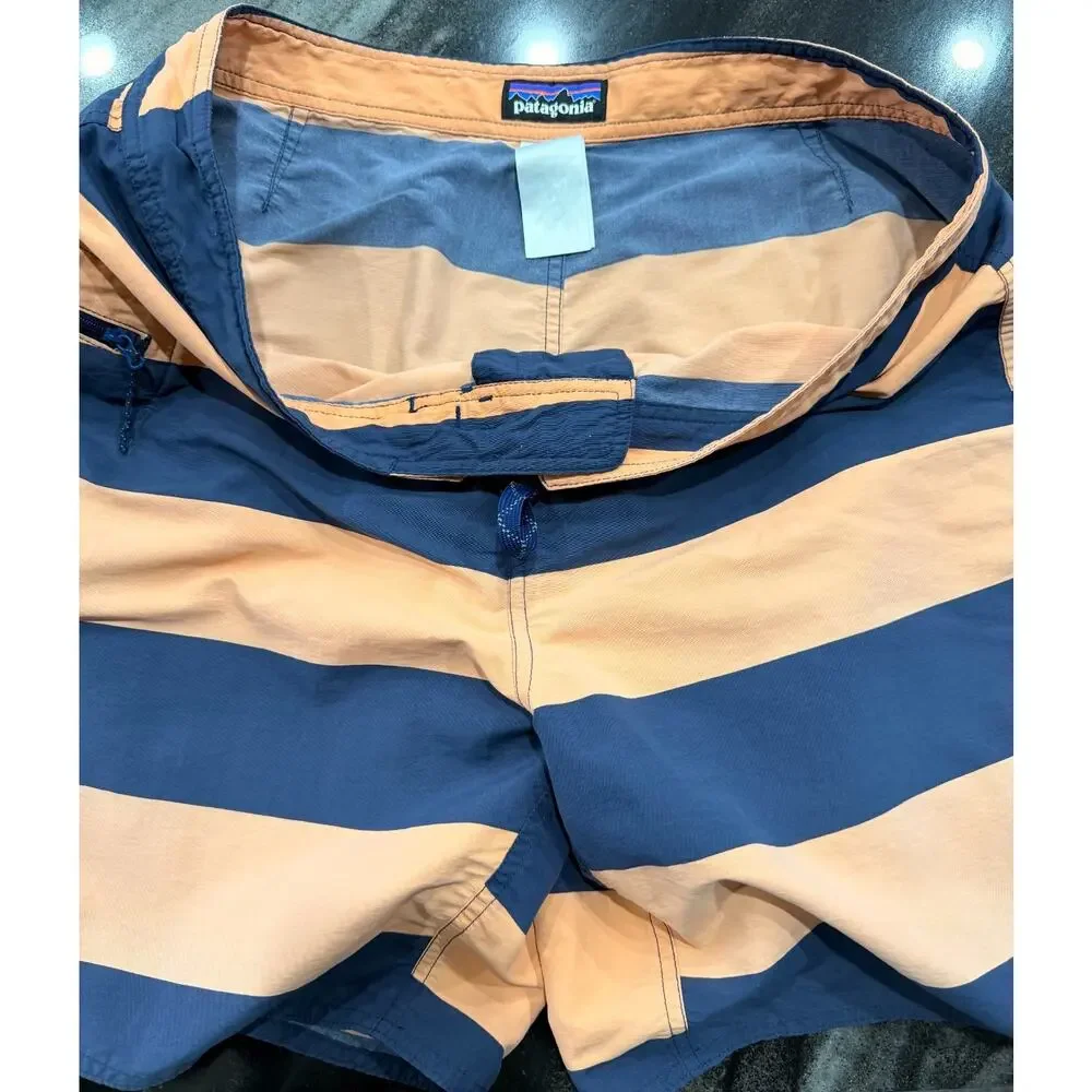 Patagonia Wavefarer Board Shorts Swim Trunks Striped Blue Tan Men's Size 38